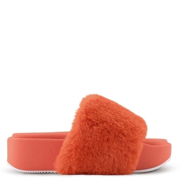 NINE WEST l Fuzzy Orange Platform Slider Sandals New! Size 8 - Picture 9 of 9